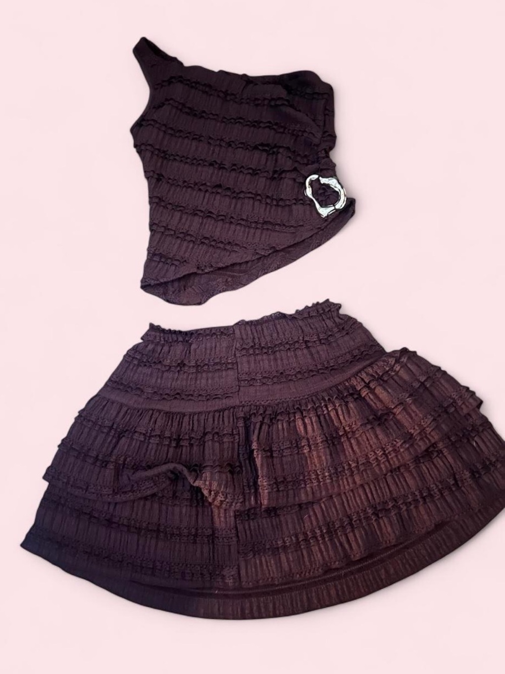 Ruffled Two-Piece Skirt Set in Dark Brown